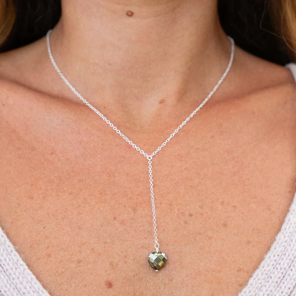 Pyrite Crystal Heart Lariat Necklace