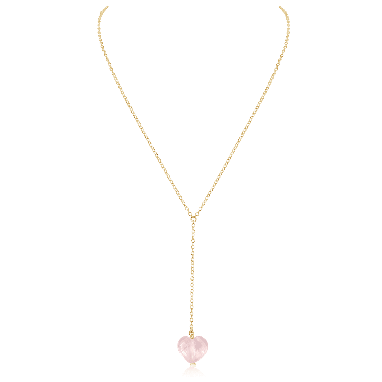 Rose Quartz Crystal Heart Lariat Necklace - Rose Quartz Crystal Heart Lariat Necklace - 14k Gold Fill - Luna Tide Handmade Crystal Jewellery