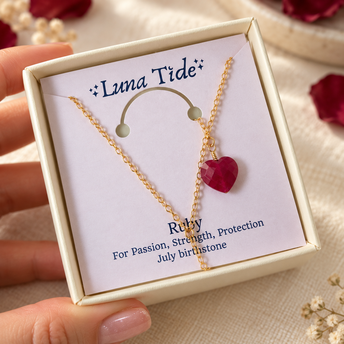 Ruby Crystal Heart Lariat Necklace