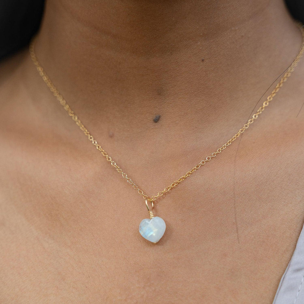 Rainbow Moonstone Crystal Heart Pendant Necklace - Rainbow Moonstone Crystal Heart Pendant Necklace - 14k Gold Fill / Cable - Luna Tide Handmade Crystal Jewellery