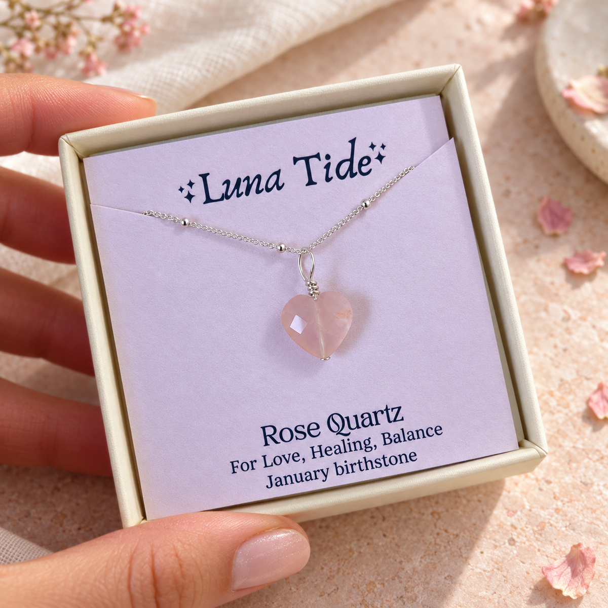 Rose Quartz Crystal Heart Pendant Necklace