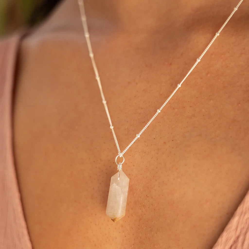 Large Double Terminated Golden Rutilated Quartz Crystal Pendant Necklace