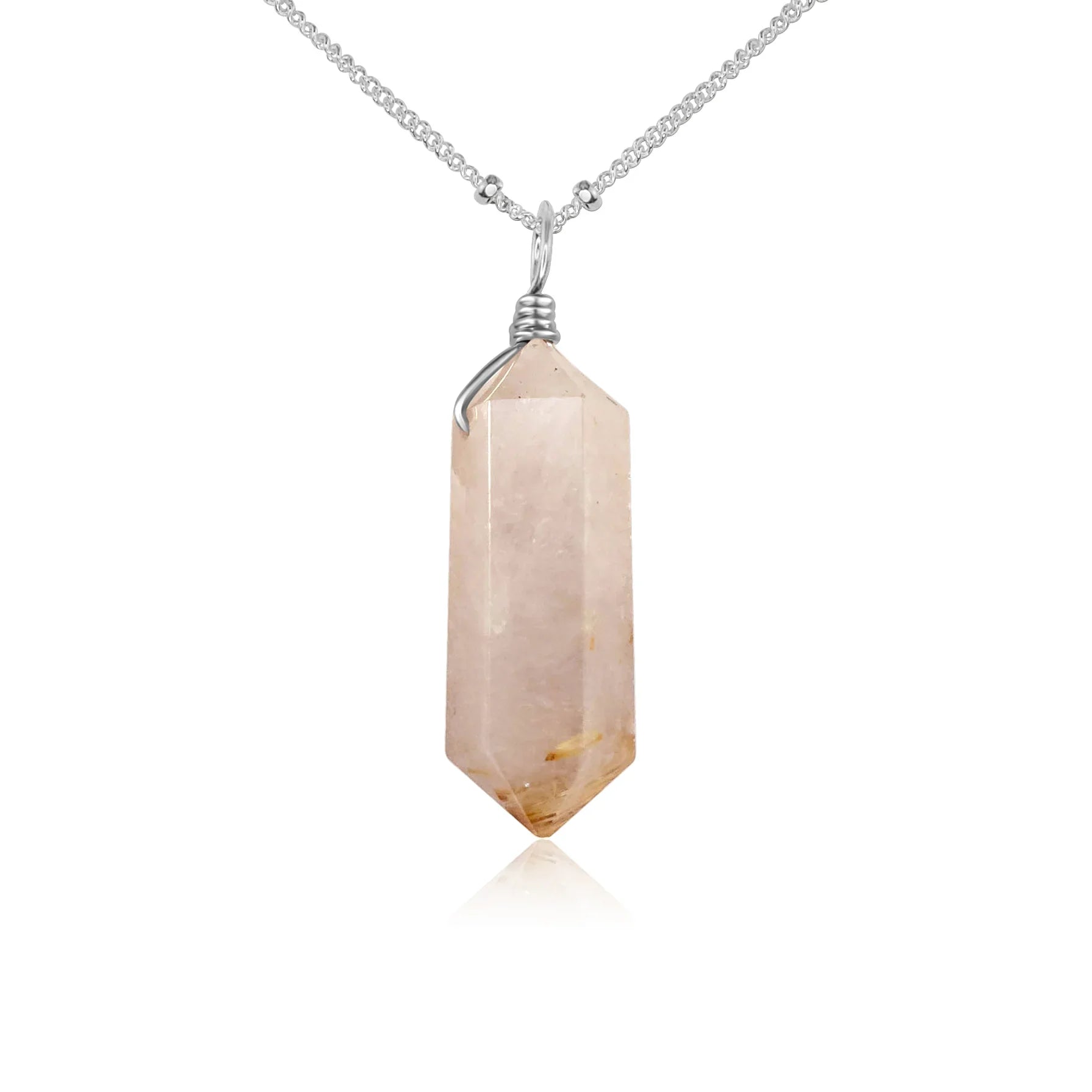Large Double Terminated Golden Rutilated Quartz Crystal Pendant Necklace