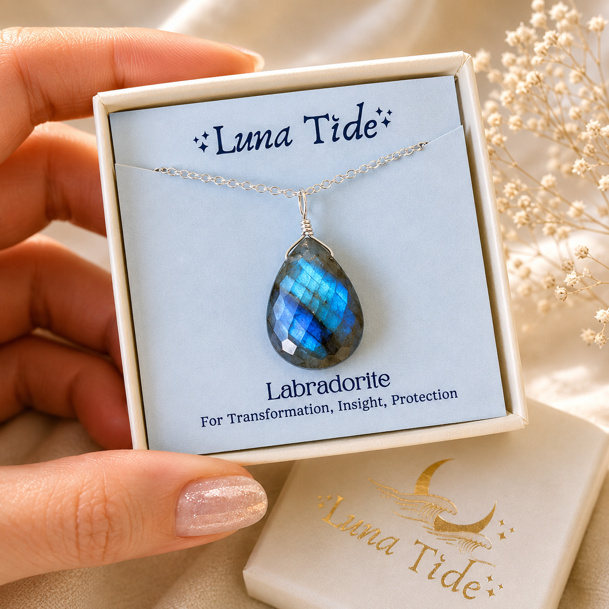 Large Labradorite Faceted Teardrop Crystal Pendant Necklace
