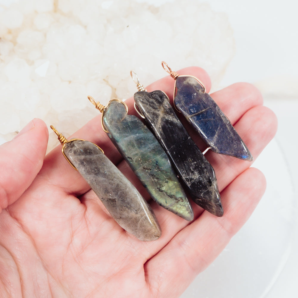 Raw Polished Natural Labradorite Crystal Slice Point Pendant