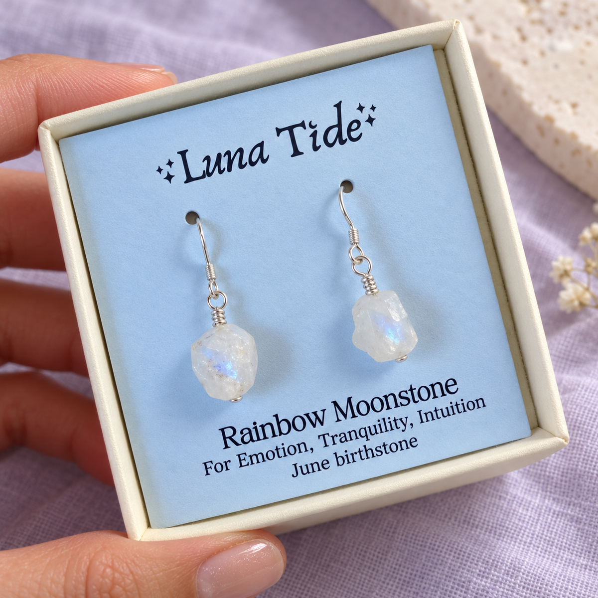 Raw Rainbow Moonstone Crystal Dangle Drop Earrings
