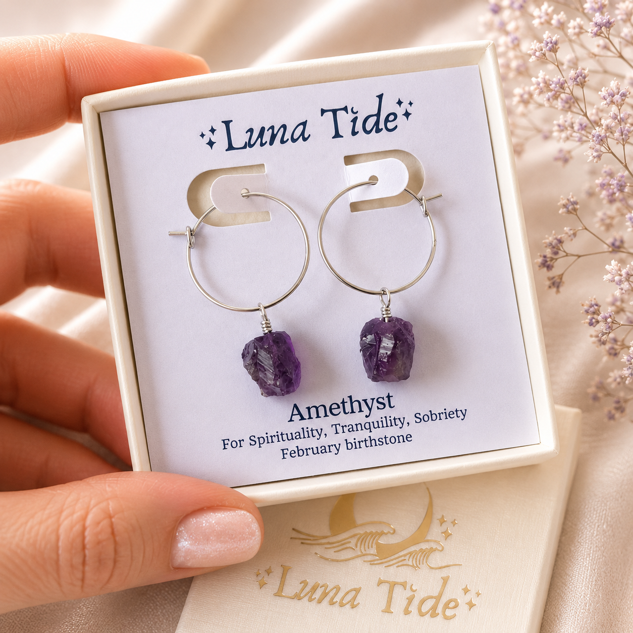 Raw Amethyst Gemstone Dangle Hoop Earrings