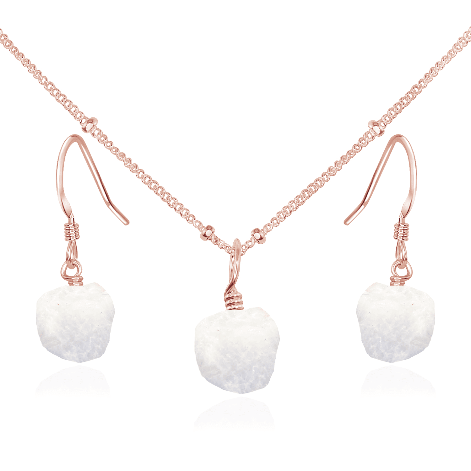 Raw Rainbow Moonstone Crystal Earrings & Necklace Set - Raw Rainbow Moonstone Crystal Earrings & Necklace Set - 14k Rose Gold Fill / Satellite - Luna Tide Handmade Crystal Jewellery