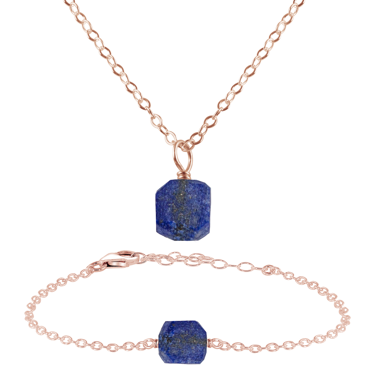Raw Lapis Lazuli Crystal Jewellery Set - Raw Lapis Lazuli Crystal Jewellery Set - 14k Rose Gold Fill / Cable / Necklace & Bracelet - Luna Tide Handmade Crystal Jewellery
