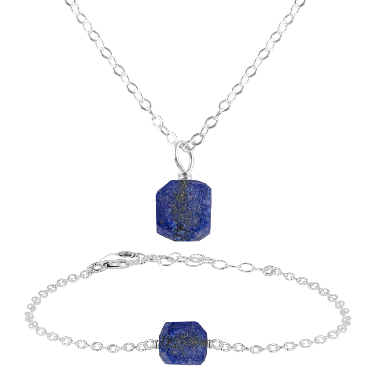 Raw Lapis Lazuli Crystal Jewellery Set - Raw Lapis Lazuli Crystal Jewellery Set - Sterling Silver / Cable / Necklace & Bracelet - Luna Tide Handmade Crystal Jewellery