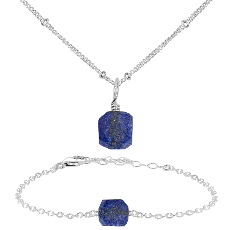 Raw Lapis Lazuli Crystal Jewellery Set - Raw Lapis Lazuli Crystal Jewellery Set - Sterling Silver / Satellite / Necklace & Bracelet - Luna Tide Handmade Crystal Jewellery