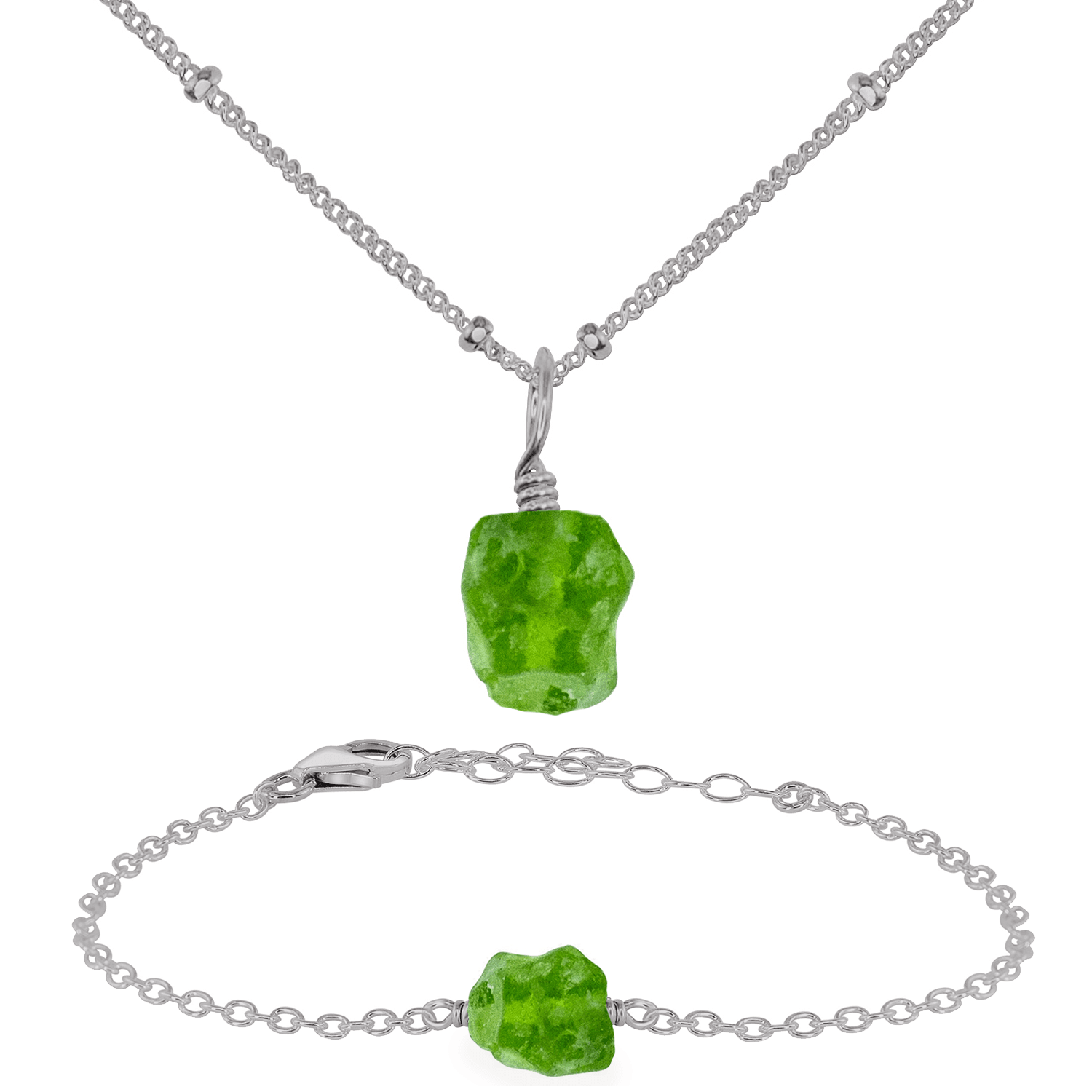 Raw Peridot Crystal Jewellery Set - Raw Peridot Crystal Jewellery Set - Stainless Steel / Satellite / Necklace & Bracelet - Luna Tide Handmade Crystal Jewellery