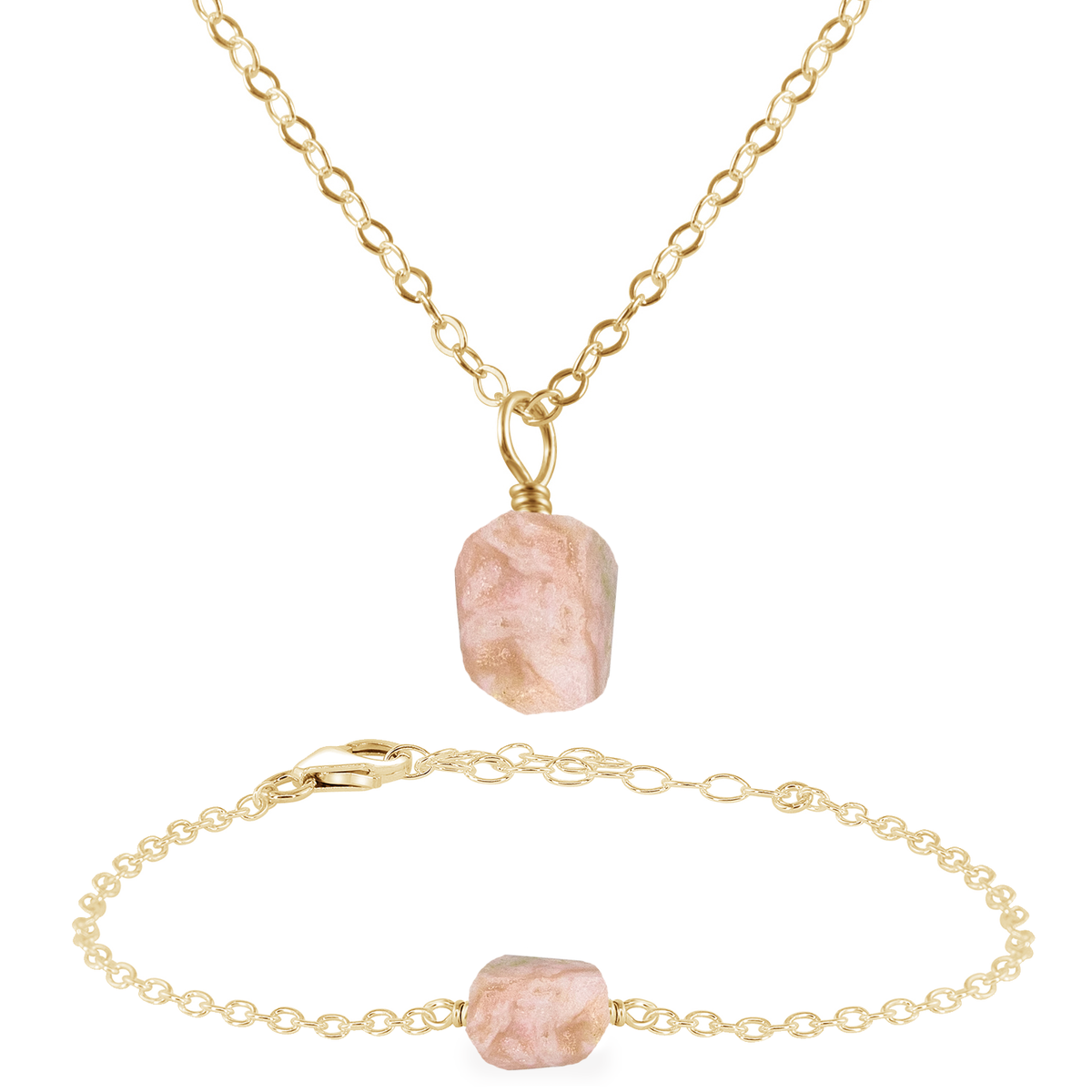 Raw Pink Peruvian Opal Crystal Jewellery Set - Raw Pink Peruvian Opal Crystal Jewellery Set - 14k Gold Fill / Cable / Necklace & Bracelet - Luna Tide Handmade Crystal Jewellery