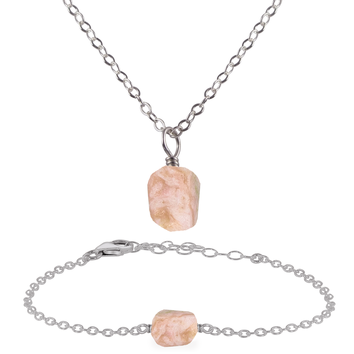 Raw Pink Peruvian Opal Crystal Jewellery Set - Raw Pink Peruvian Opal Crystal Jewellery Set - Stainless Steel / Cable / Necklace & Bracelet - Luna Tide Handmade Crystal Jewellery