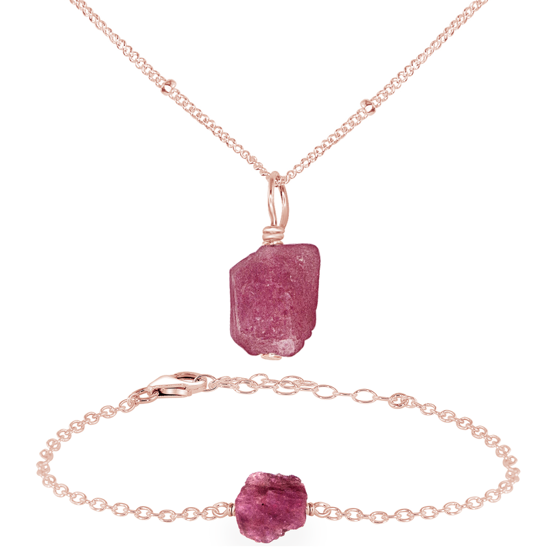 Raw Pink Tourmaline Crystal Jewellery Set - Raw Pink Tourmaline Crystal Jewellery Set - 14k Rose Gold Fill / Satellite / Necklace & Bracelet - Luna Tide Handmade Crystal Jewellery