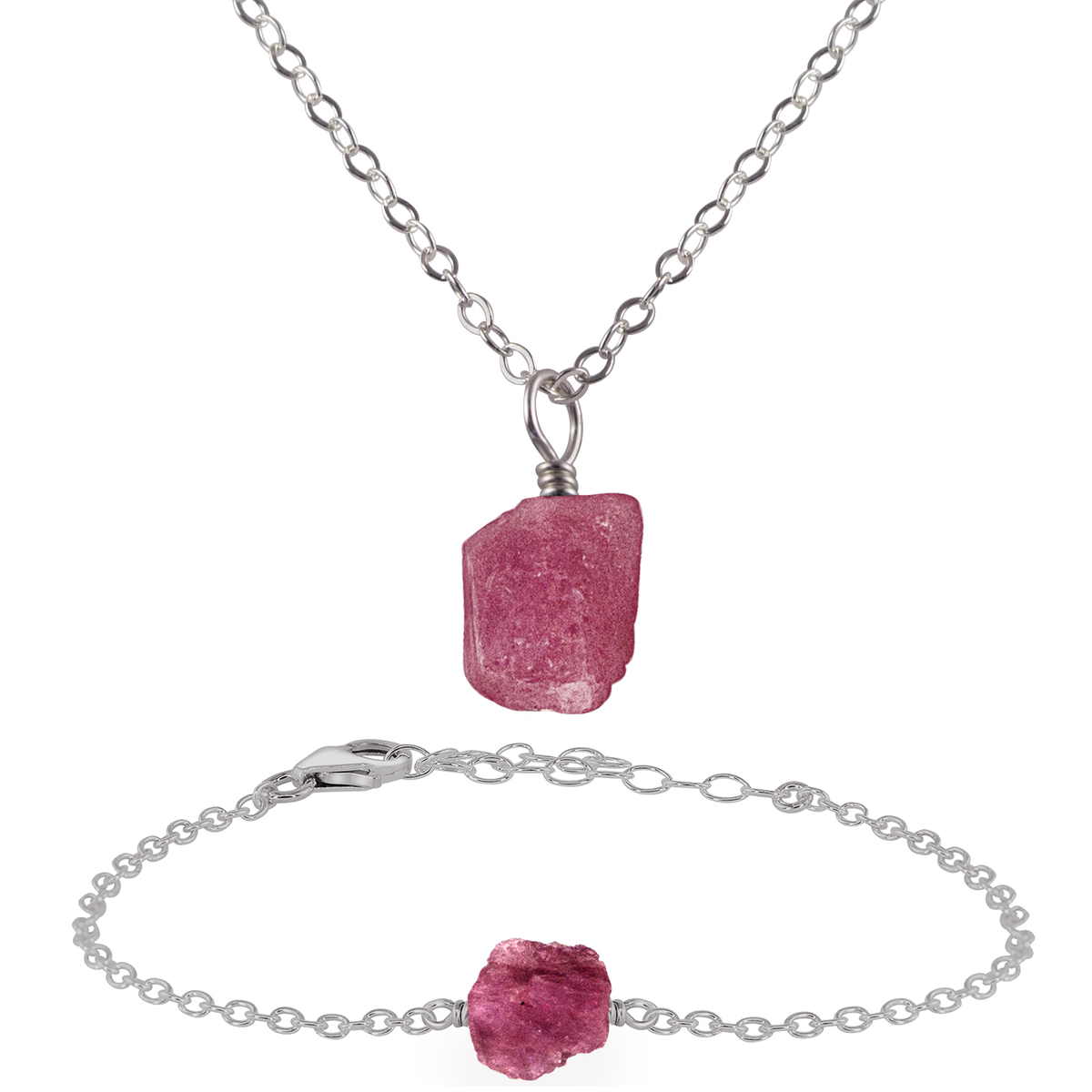 Raw Pink Tourmaline Crystal Jewellery Set - Raw Pink Tourmaline Crystal Jewellery Set - Stainless Steel / Cable / Necklace & Bracelet - Luna Tide Handmade Crystal Jewellery