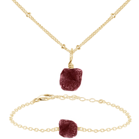 Raw Ruby Crystal Jewellery Set - Raw Ruby Crystal Jewellery Set - 14k Gold Fill / Satellite / Necklace & Bracelet - Luna Tide Handmade Crystal Jewellery