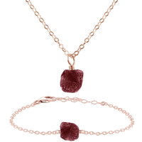 Raw Ruby Crystal Jewellery Set - Raw Ruby Crystal Jewellery Set - 14k Rose Gold Fill / Cable / Necklace & Bracelet - Luna Tide Handmade Crystal Jewellery