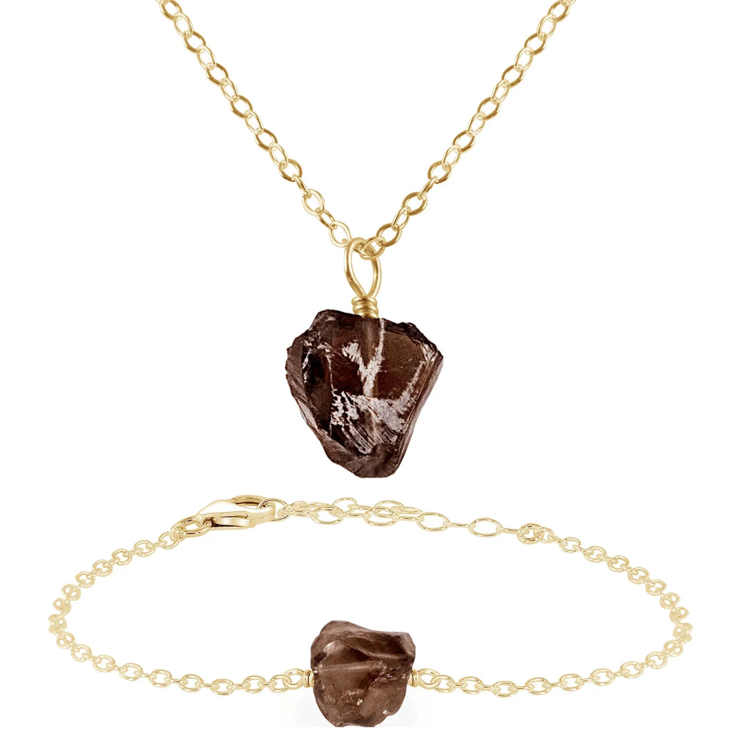 Raw Smoky Quartz Crystal Jewellery Set - Raw Smoky Quartz Crystal Jewellery Set - 14k Gold Fill / Cable / Necklace & Bracelet - Luna Tide Handmade Crystal Jewellery