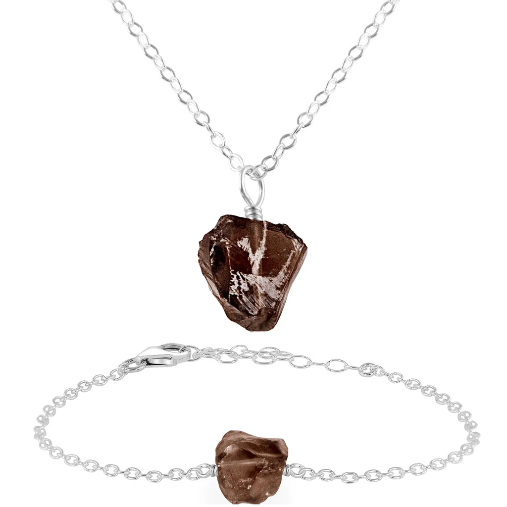 Raw Smoky Quartz Crystal Jewellery Set - Raw Smoky Quartz Crystal Jewellery Set - Sterling Silver / Cable / Necklace & Bracelet - Luna Tide Handmade Crystal Jewellery