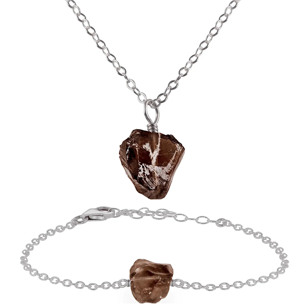 Raw Smoky Quartz Crystal Jewellery Set - Raw Smoky Quartz Crystal Jewellery Set - Stainless Steel / Cable / Necklace & Bracelet - Luna Tide Handmade Crystal Jewellery