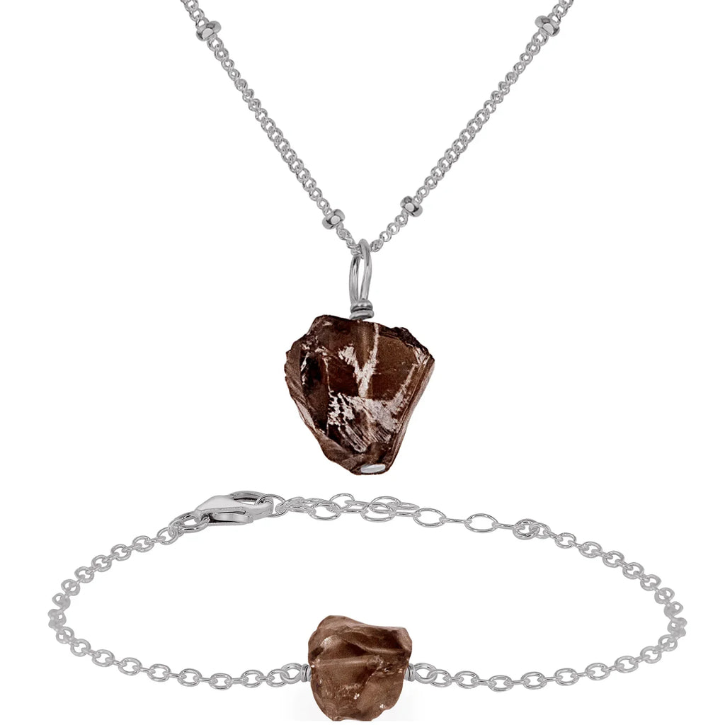 Raw Smoky Quartz Crystal Jewellery Set - Raw Smoky Quartz Crystal Jewellery Set - Stainless Steel / Satellite / Necklace & Bracelet - Luna Tide Handmade Crystal Jewellery