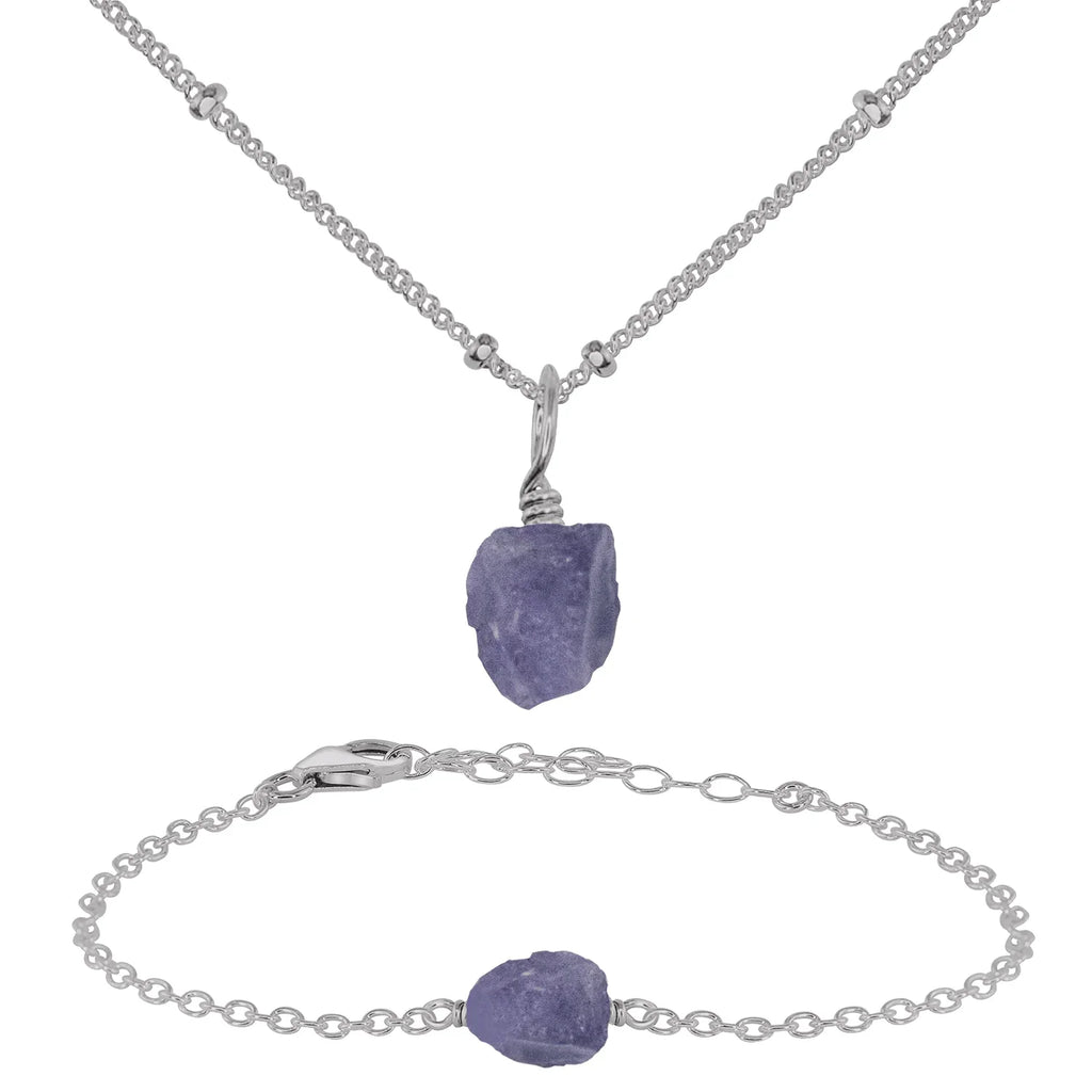 Raw Tanzanite Crystal Jewellery Set - Raw Tanzanite Crystal Jewellery Set - Stainless Steel / Satellite / Necklace & Bracelet - Luna Tide Handmade Crystal Jewellery