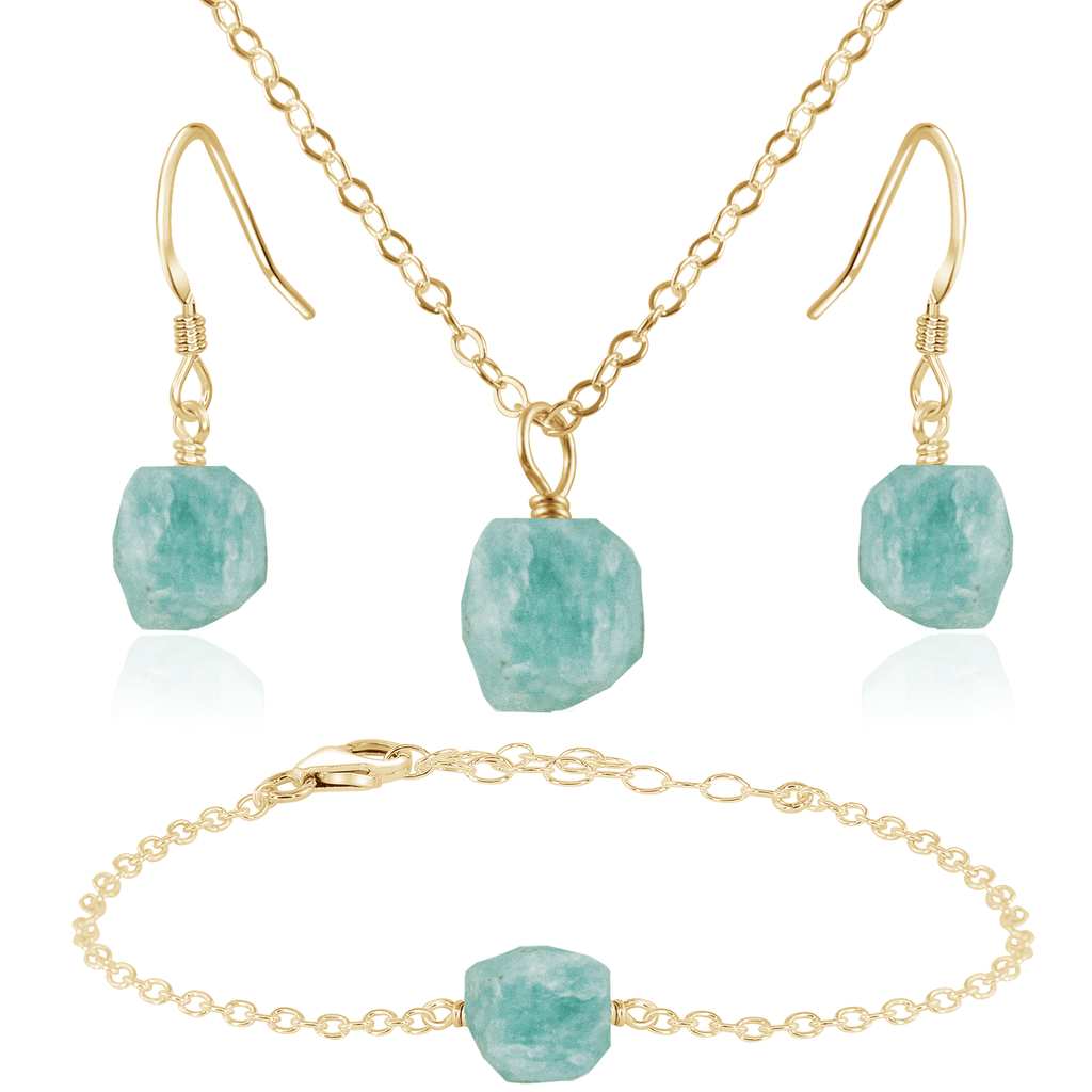 Raw Amazonite Crystal Jewellery Set - Raw Amazonite Crystal Jewellery Set - 14k Gold Fill / Cable / Necklace & Earrings & Bracelet - Luna Tide Handmade Crystal Jewellery