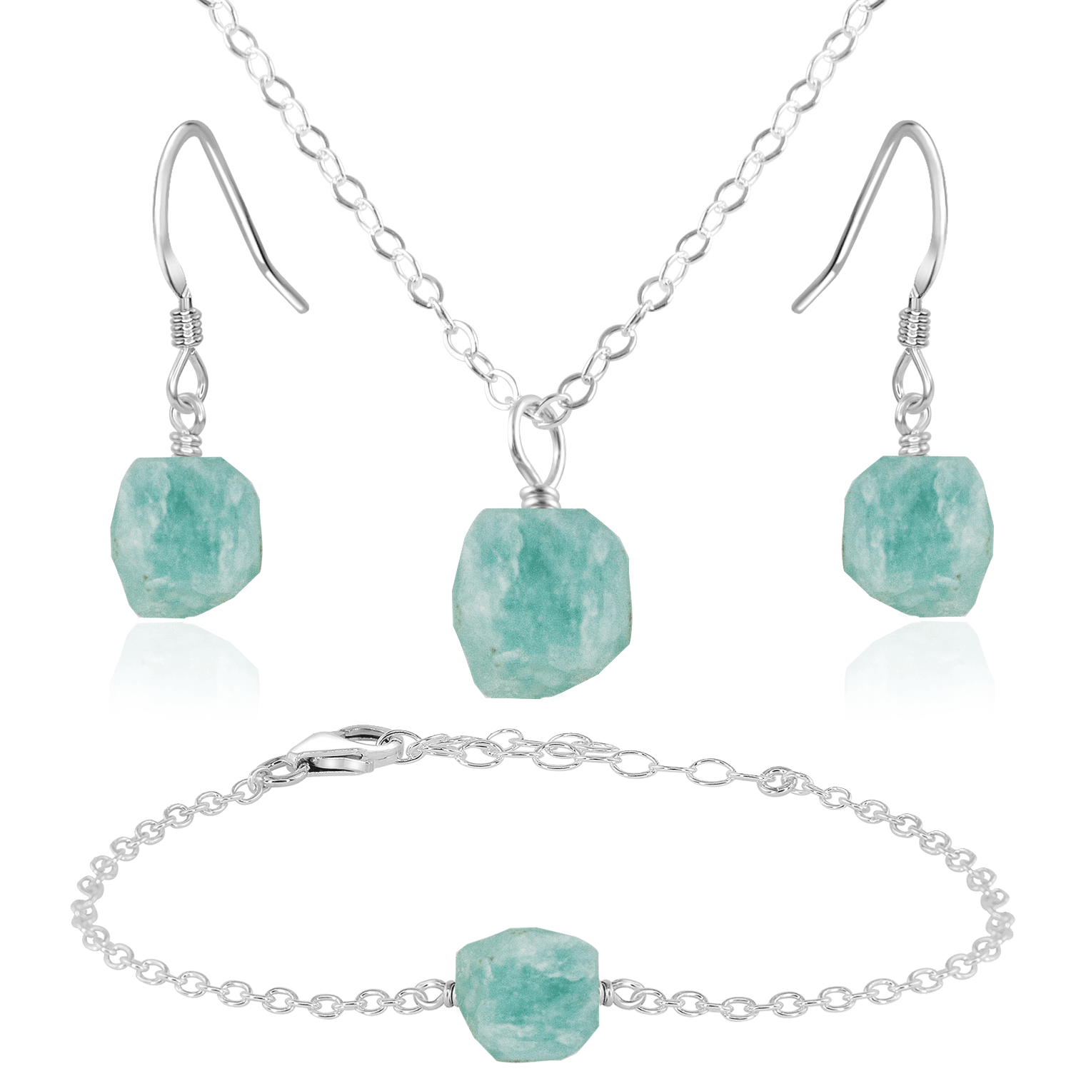 Raw Amazonite Crystal Jewellery Set - Raw Amazonite Crystal Jewellery Set - Sterling Silver / Cable / Necklace & Earrings & Bracelet - Luna Tide Handmade Crystal Jewellery