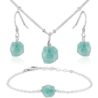 Raw Amazonite Crystal Necklace, Earrings and Bracelet Set - Raw Amazonite Crystal Necklace, Earrings and Bracelet Set - Sterling Silver / Satellite / Necklace & Earrings & Bracelet - Luna Tide Handmade Crystal Jewellery