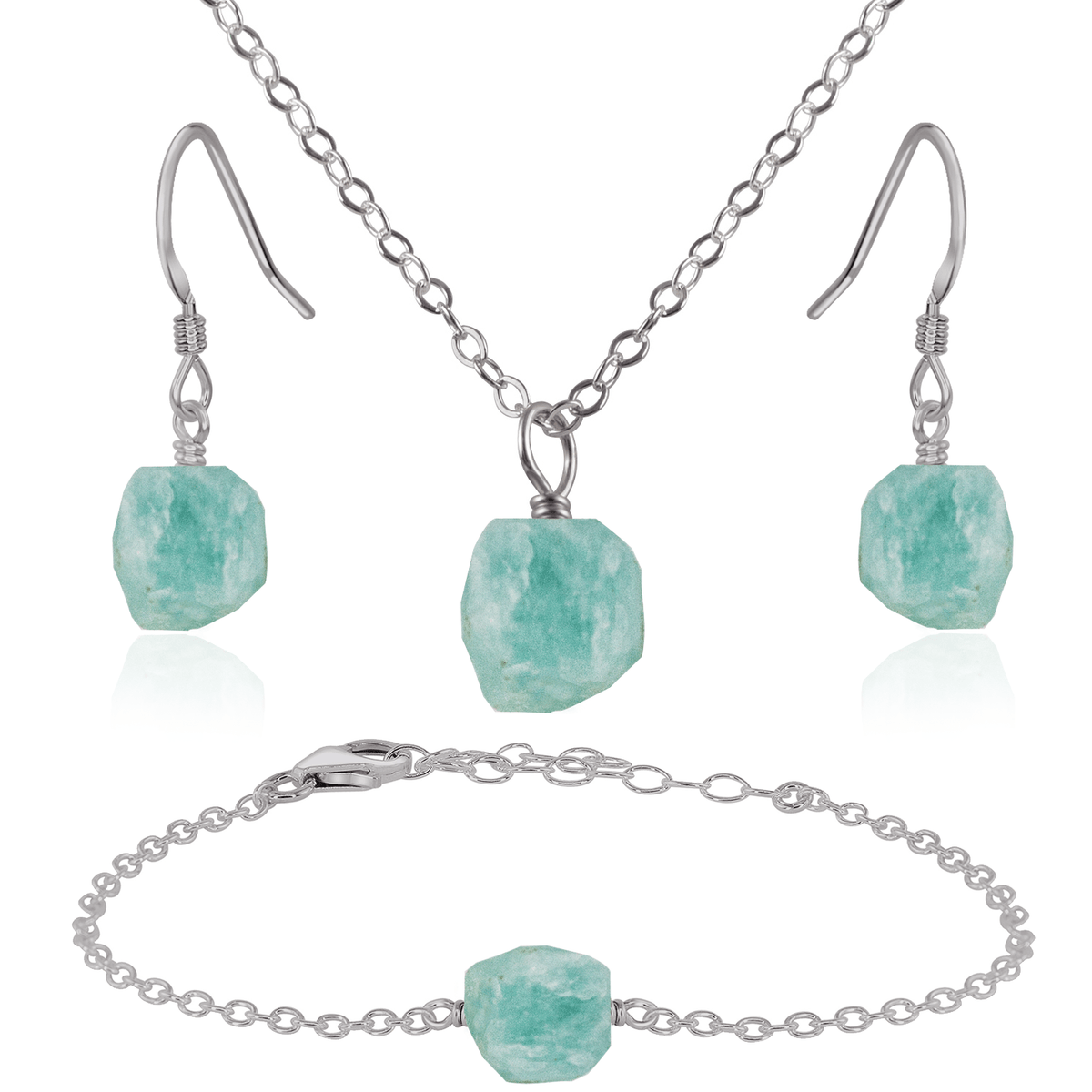 Raw Amazonite Crystal Necklace, Earrings and Bracelet Set - Raw Amazonite Crystal Necklace, Earrings and Bracelet Set - Stainless Steel / Cable / Necklace & Earrings & Bracelet - Luna Tide Handmade Crystal Jewellery