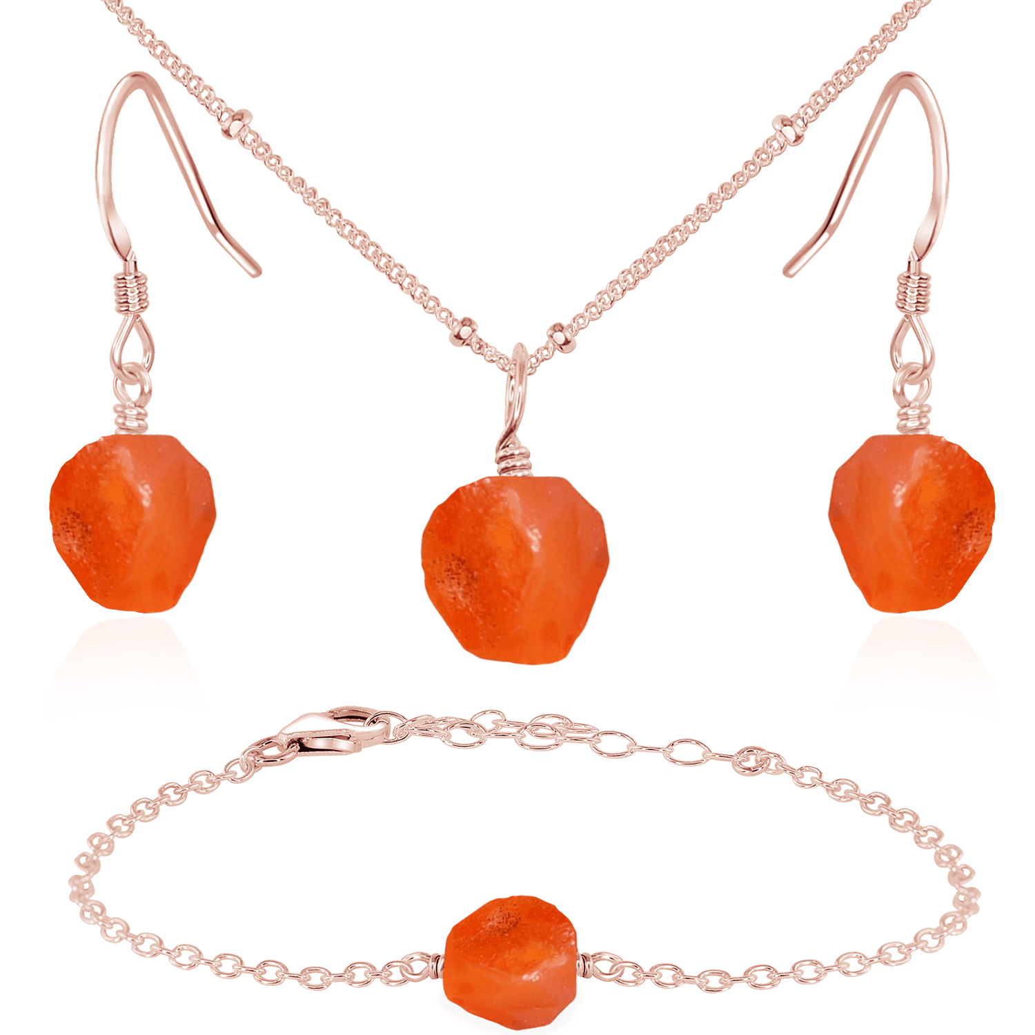Raw Carnelian Crystal Jewellery Set - Raw Carnelian Crystal Jewellery Set - 14k Rose Gold Fill / Satellite / Necklace & Earrings & Bracelet - Luna Tide Handmade Crystal Jewellery