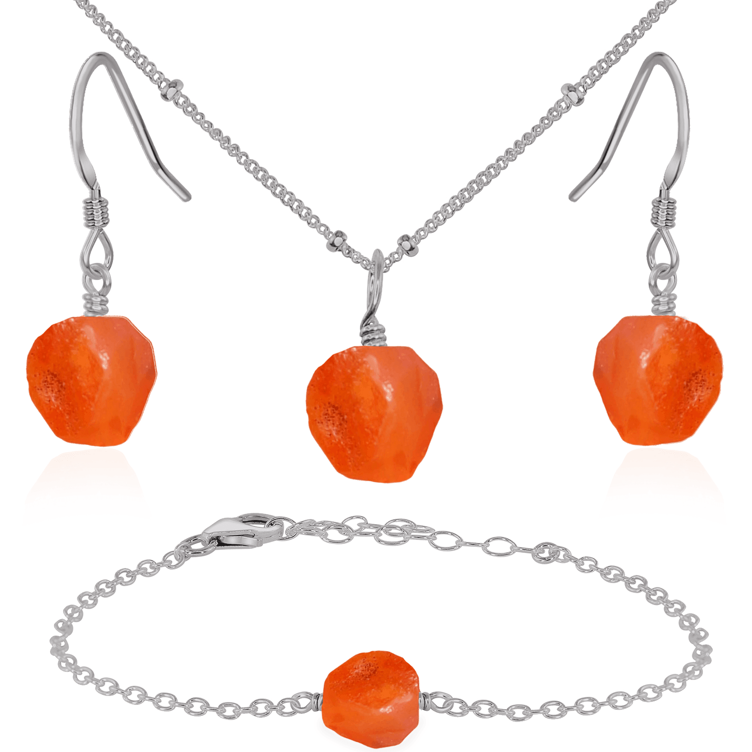 Raw Carnelian Crystal Jewellery Set - Raw Carnelian Crystal Jewellery Set - Stainless Steel / Satellite / Necklace & Earrings & Bracelet - Luna Tide Handmade Crystal Jewellery