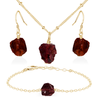Raw Garnet Crystal Jewellery Set - Raw Garnet Crystal Jewellery Set - 14k Gold Fill / Satellite / Necklace & Earrings & Bracelet - Luna Tide Handmade Crystal Jewellery