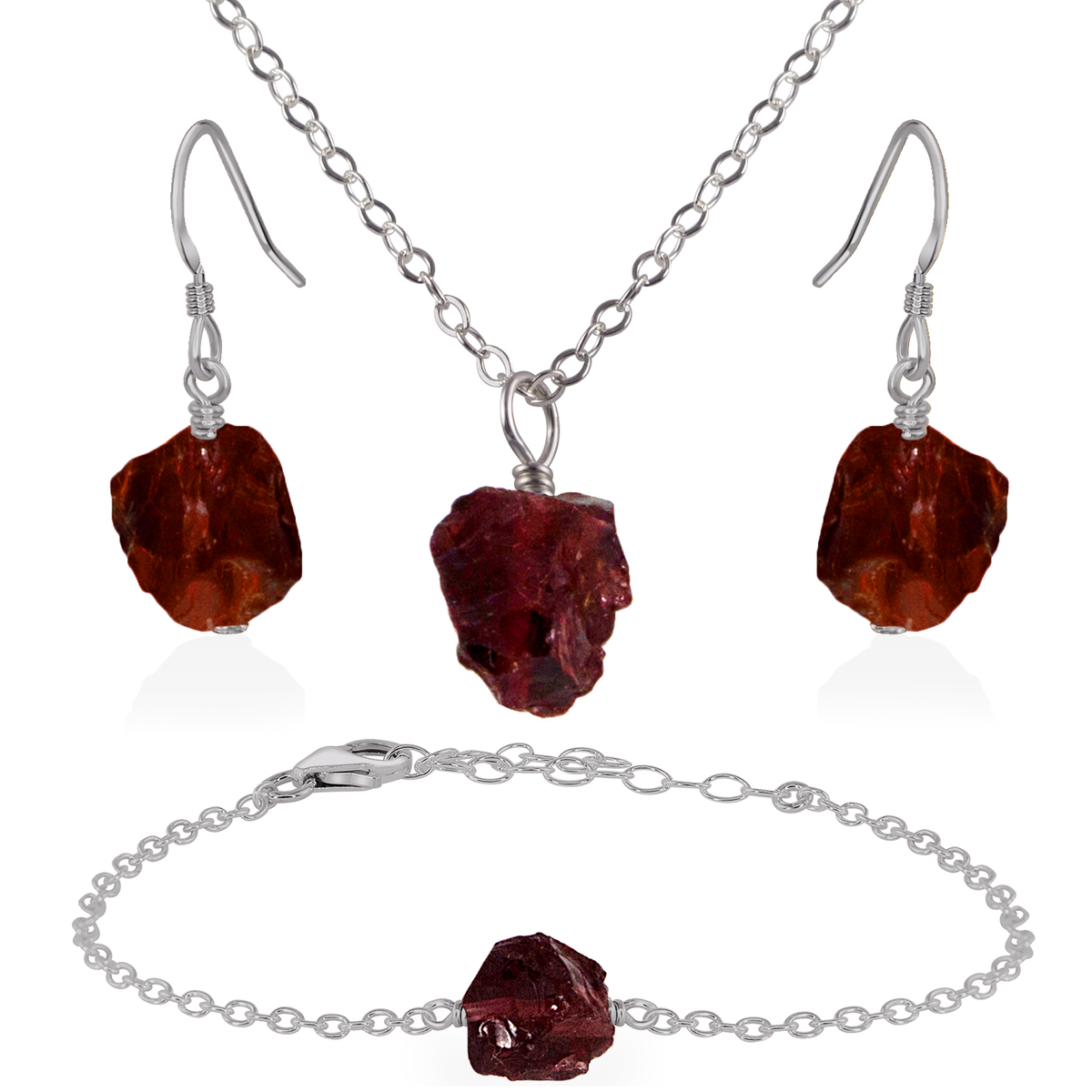 Raw Garnet Crystal Jewellery Set - Raw Garnet Crystal Jewellery Set - Stainless Steel / Cable / Necklace & Earrings & Bracelet - Luna Tide Handmade Crystal Jewellery