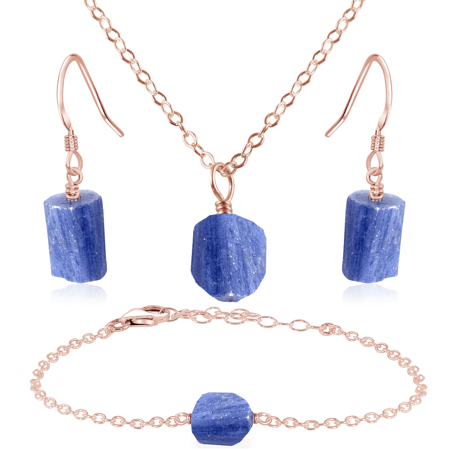 Raw Kyanite Crystal Jewellery Set - Raw Kyanite Crystal Jewellery Set - 14k Rose Gold Fill / Cable / Necklace & Earrings & Bracelet - Luna Tide Handmade Crystal Jewellery