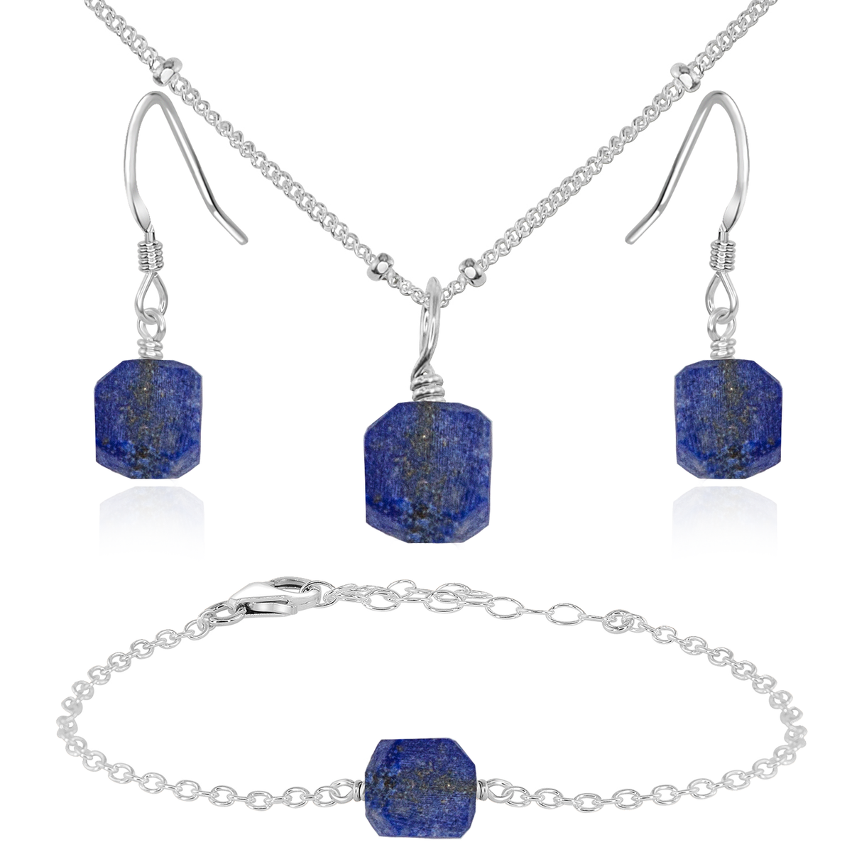 Raw Lapis Lazuli Crystal Jewellery Set - Raw Lapis Lazuli Crystal Jewellery Set - Sterling Silver / Satellite / Necklace & Earrings & Bracelet - Luna Tide Handmade Crystal Jewellery