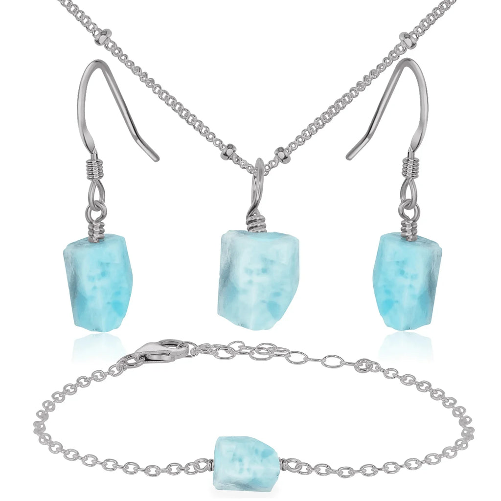Raw Larimar Crystal Jewellery Set - Raw Larimar Crystal Jewellery Set - Stainless Steel / Satellite / Necklace & Earrings & Bracelet - Luna Tide Handmade Crystal Jewellery