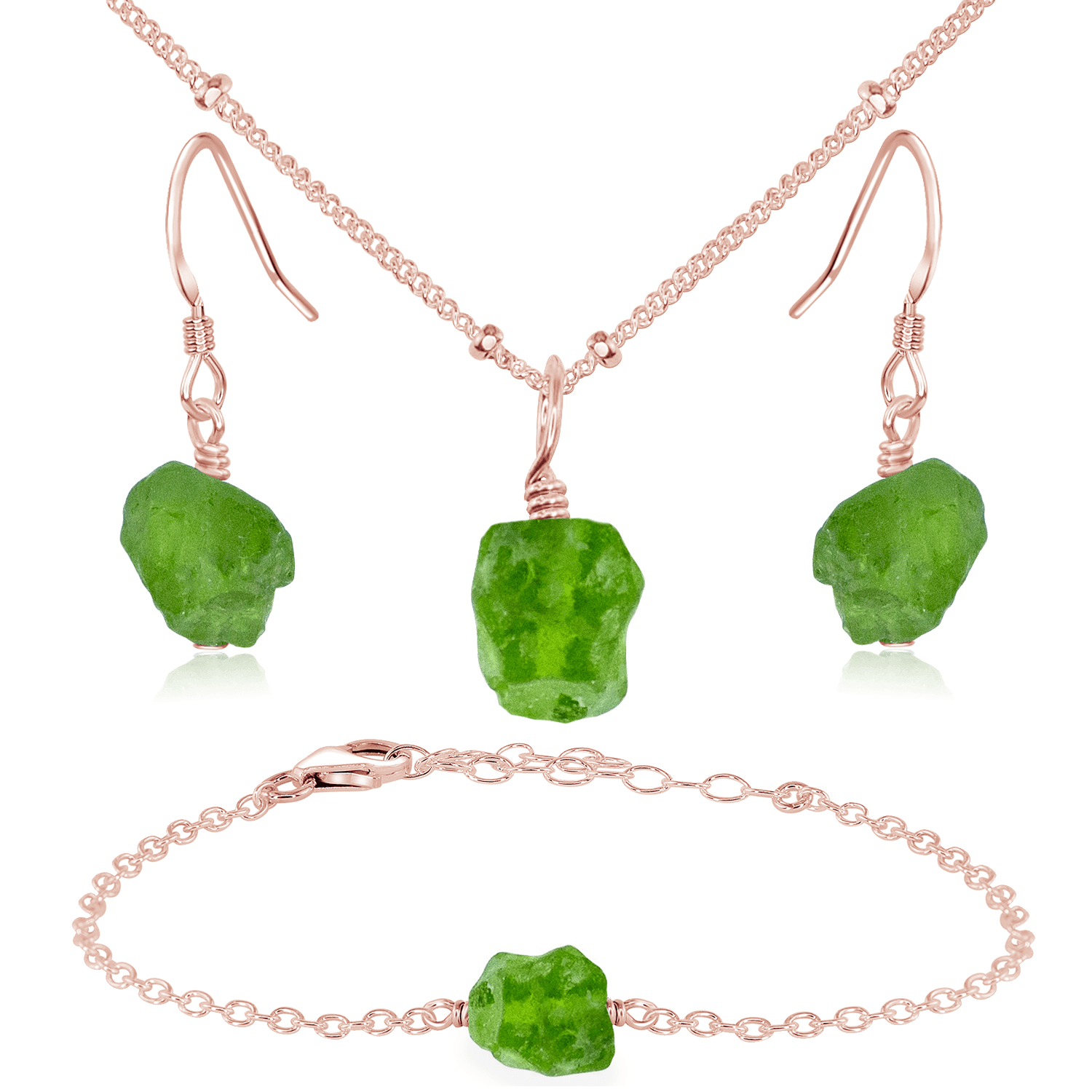 Raw Peridot Crystal Jewellery Set - Raw Peridot Crystal Jewellery Set - 14k Rose Gold Fill / Satellite / Necklace & Earrings & Bracelet - Luna Tide Handmade Crystal Jewellery