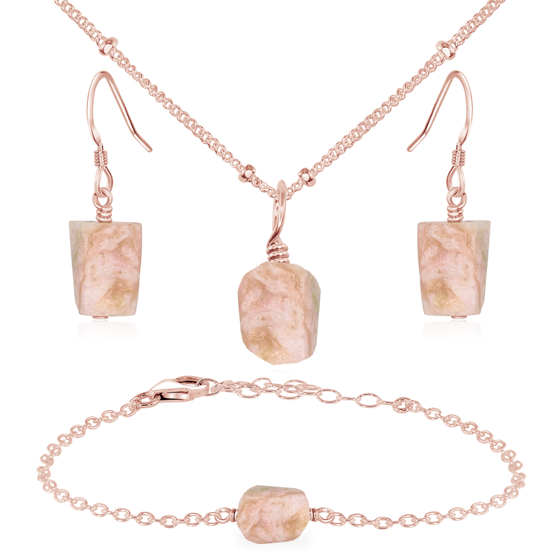 Raw Pink Peruvian Opal Crystal Jewellery Set - Raw Pink Peruvian Opal Crystal Jewellery Set - 14k Rose Gold Fill / Satellite / Necklace & Earrings & Bracelet - Luna Tide Handmade Crystal Jewellery