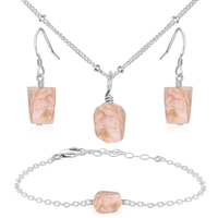 Raw Pink Peruvian Opal Crystal Jewellery Set - Raw Pink Peruvian Opal Crystal Jewellery Set - Sterling Silver / Satellite / Necklace & Earrings & Bracelet - Luna Tide Handmade Crystal Jewellery