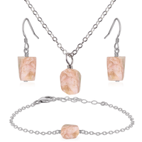 Raw Pink Peruvian Opal Crystal Jewellery Set - Raw Pink Peruvian Opal Crystal Jewellery Set - Stainless Steel / Cable / Necklace & Earrings & Bracelet - Luna Tide Handmade Crystal Jewellery