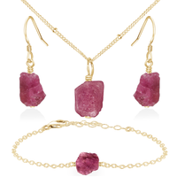 Raw Pink Tourmaline Crystal Jewellery Set - Raw Pink Tourmaline Crystal Jewellery Set - 14k Gold Fill / Satellite / Necklace & Earrings & Bracelet - Luna Tide Handmade Crystal Jewellery