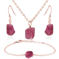 Raw Pink Tourmaline Crystal Jewellery Set - Raw Pink Tourmaline Crystal Jewellery Set - 14k Rose Gold Fill / Cable / Necklace & Earrings & Bracelet - Luna Tide Handmade Crystal Jewellery