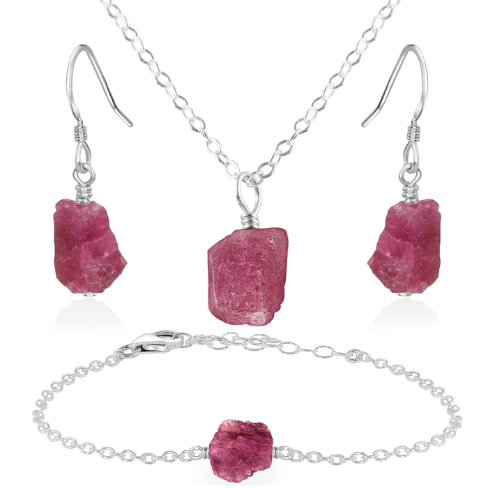 Raw Pink Tourmaline Crystal Jewellery Set - Raw Pink Tourmaline Crystal Jewellery Set - Sterling Silver / Cable / Necklace & Earrings & Bracelet - Luna Tide Handmade Crystal Jewellery