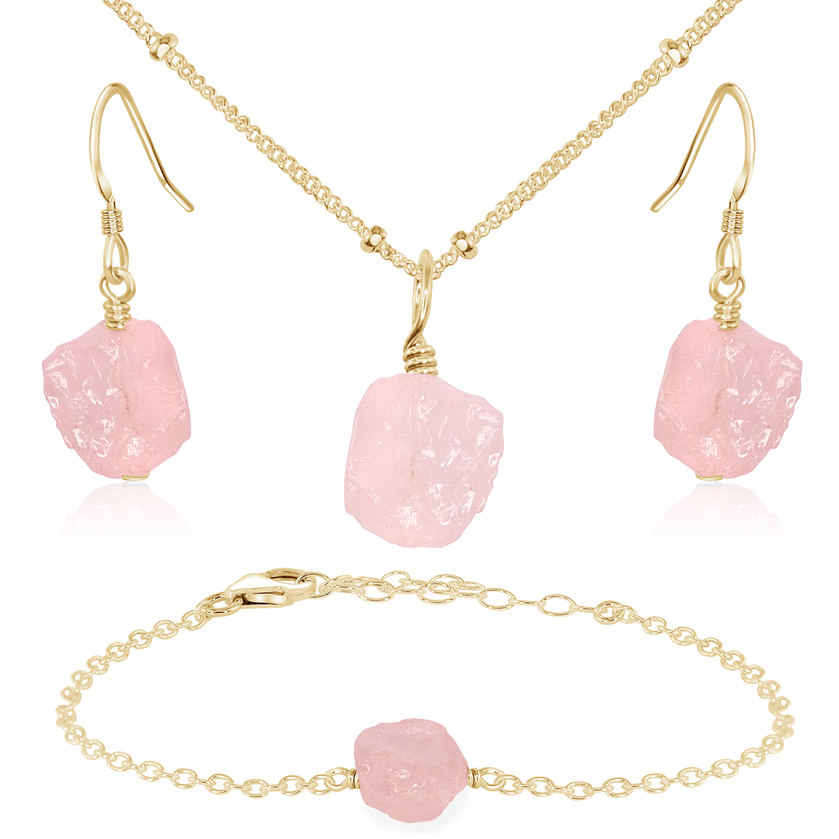 Raw Rose Quartz Crystal Jewellery Set