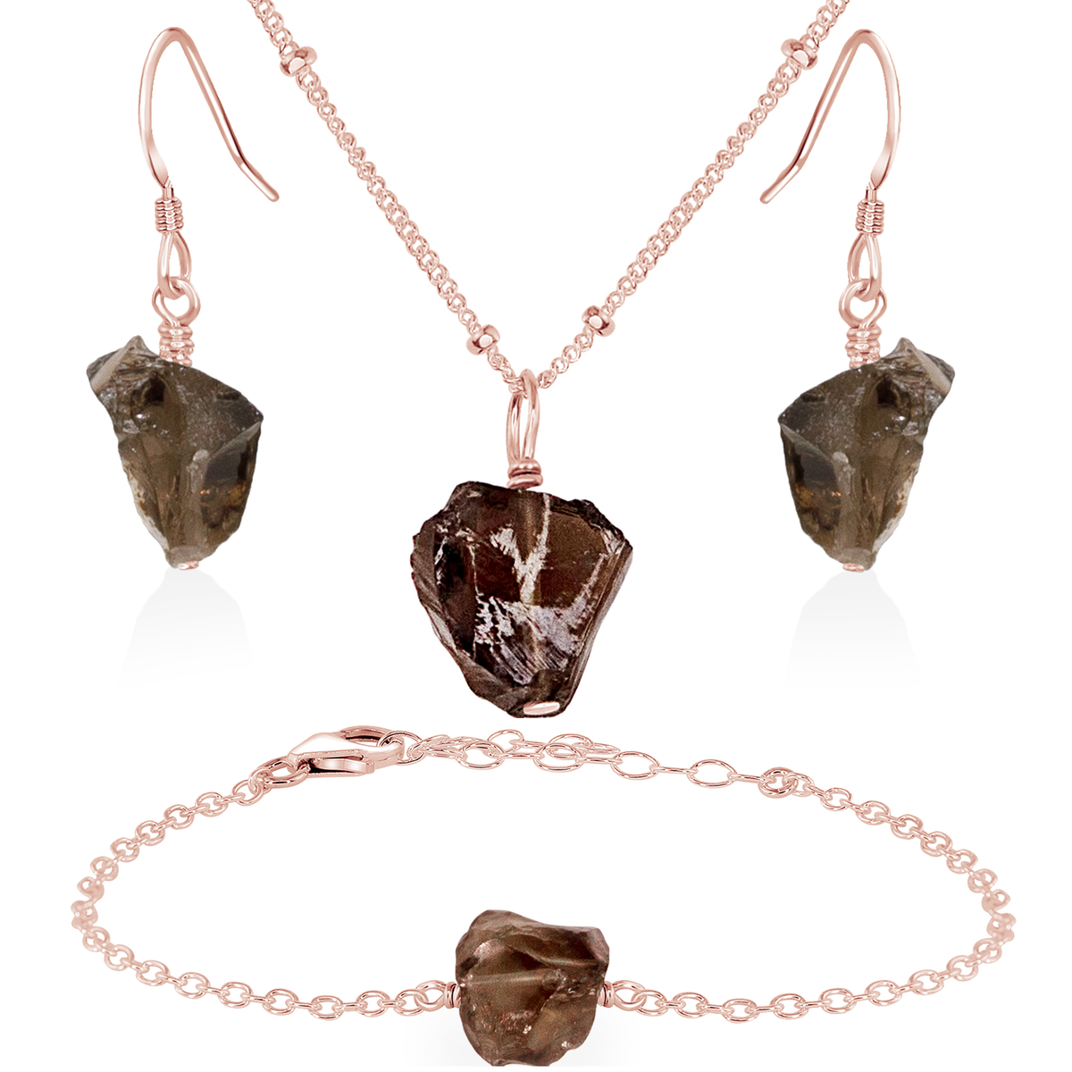 Raw Smoky Quartz Crystal Earrings & Necklace Set