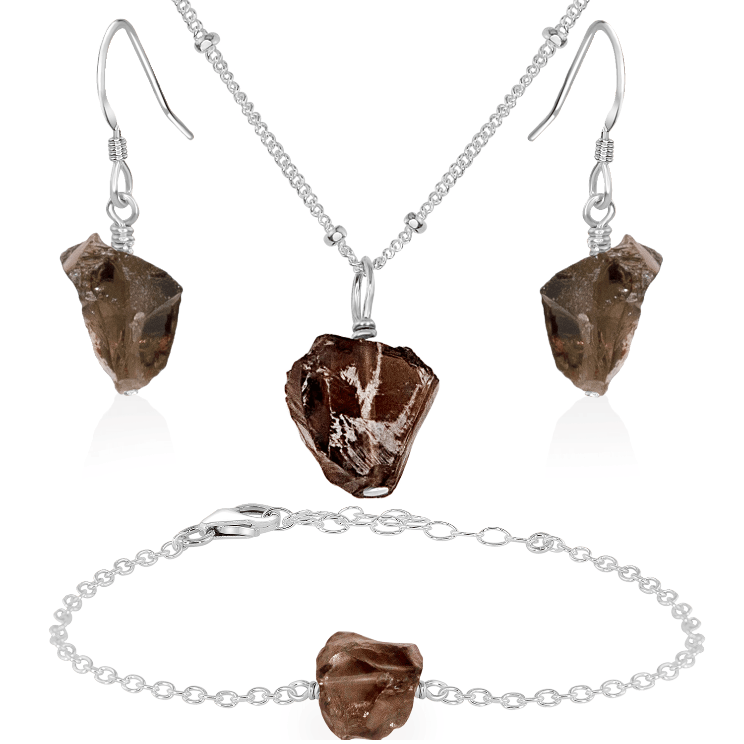 Raw Smoky Quartz Crystal Jewellery Set - Raw Smoky Quartz Crystal Jewellery Set - Sterling Silver / Satellite / Necklace & Earrings & Bracelet - Luna Tide Handmade Crystal Jewellery