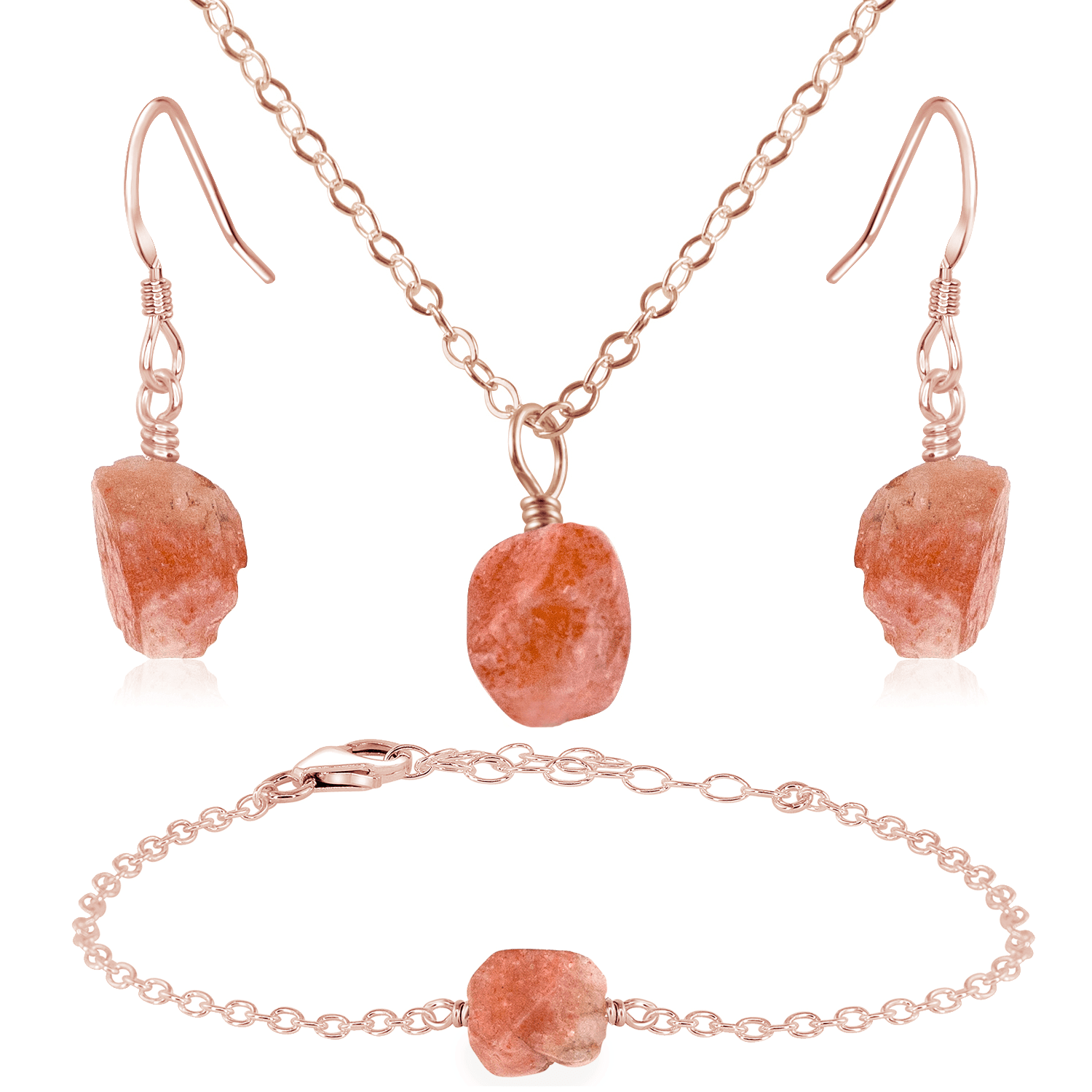 Raw Sunstone Crystal Jewellery Set - Raw Sunstone Crystal Jewellery Set - 14k Rose Gold Fill / Cable / Necklace & Earrings & Bracelet - Luna Tide Handmade Crystal Jewellery