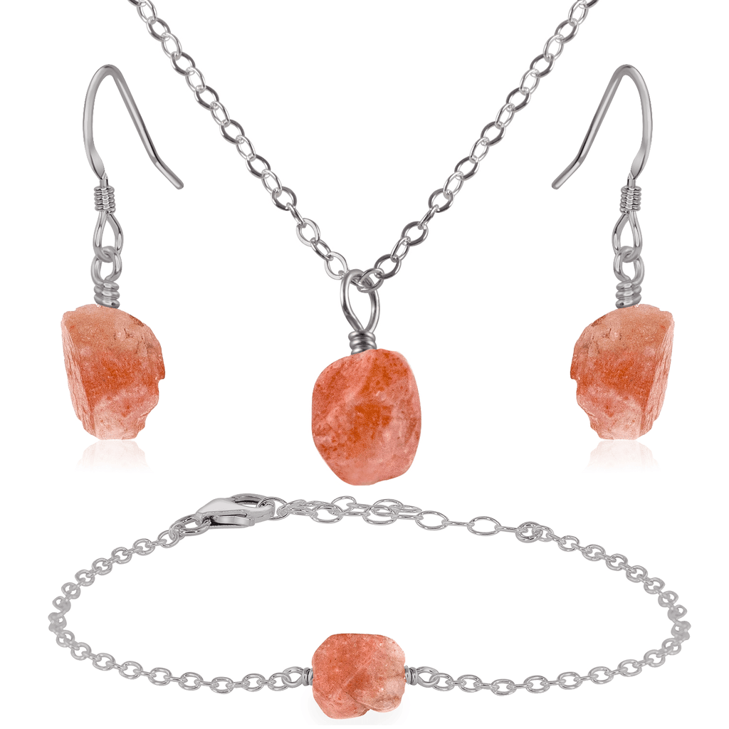 Raw Sunstone Crystal Jewellery Set - Raw Sunstone Crystal Jewellery Set - Stainless Steel / Cable / Necklace & Earrings & Bracelet - Luna Tide Handmade Crystal Jewellery